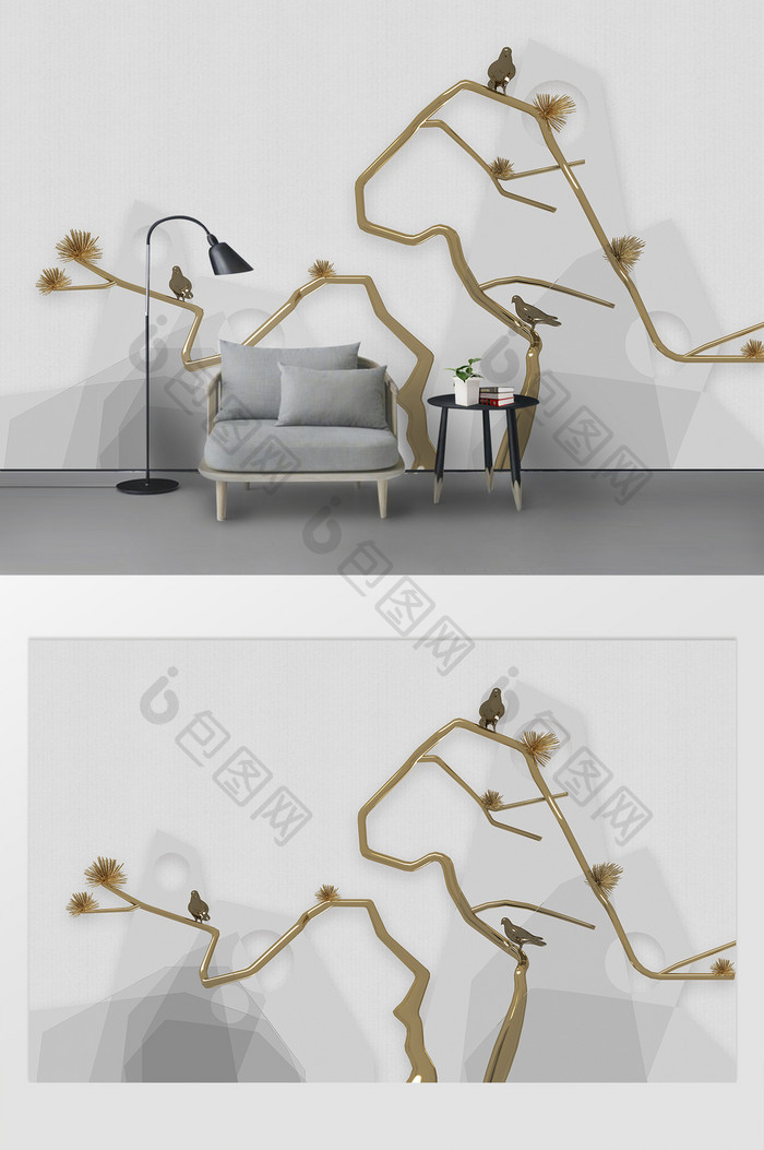现代简约浮雕3D金色松树小鸟背景墙定制
