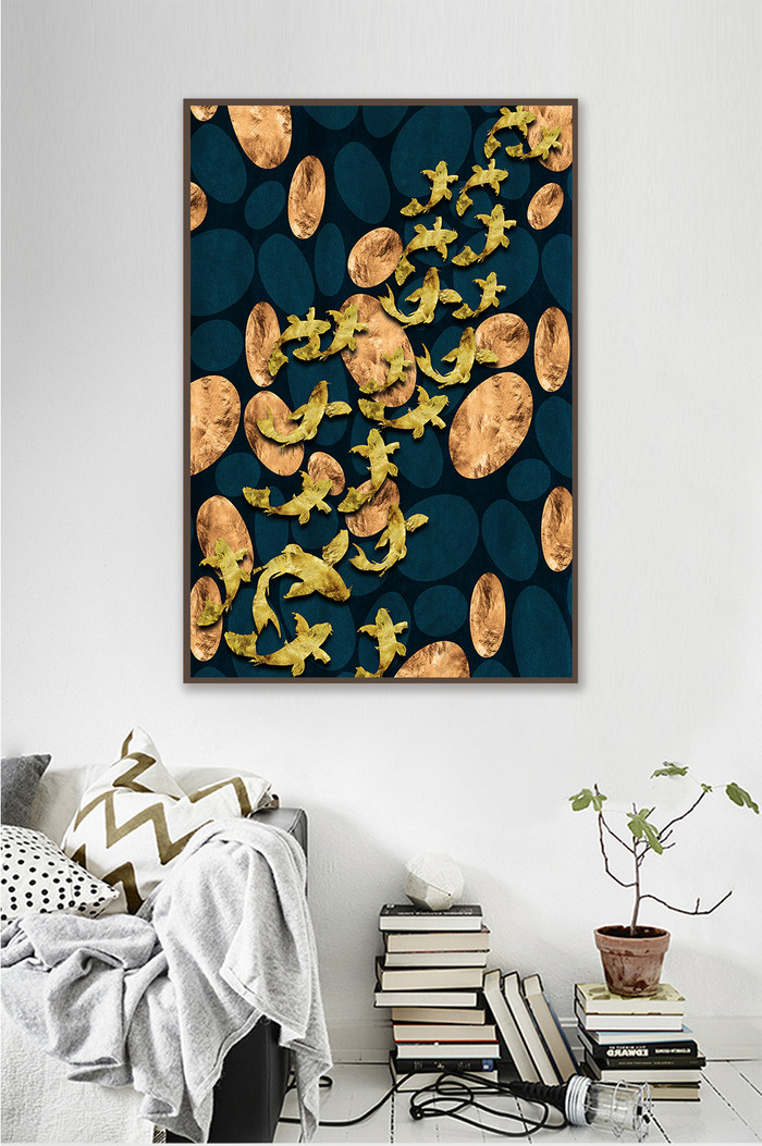 金色石头金色鱼金箔素材装饰画抽象背景墙图片