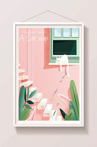 粉色调绿色植物小白猫主题插画图片
