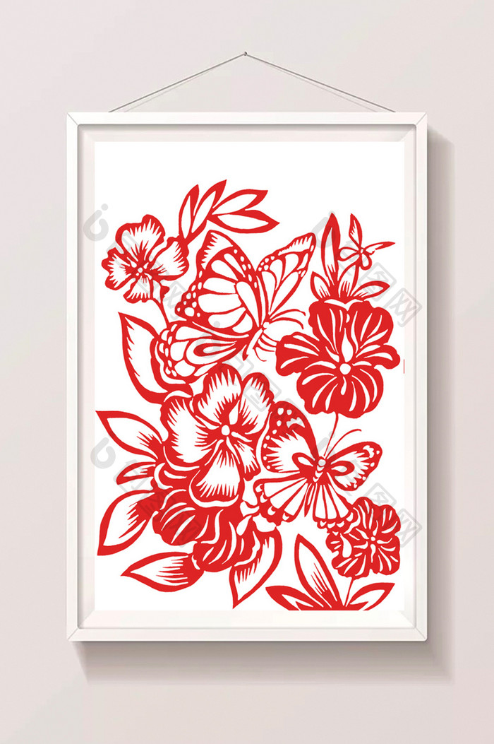 中国风剪纸蝴蝶花卉插画