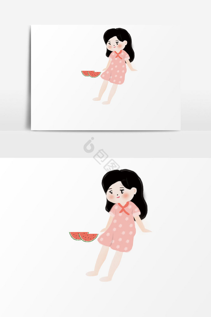 女孩吃西瓜插画图片
