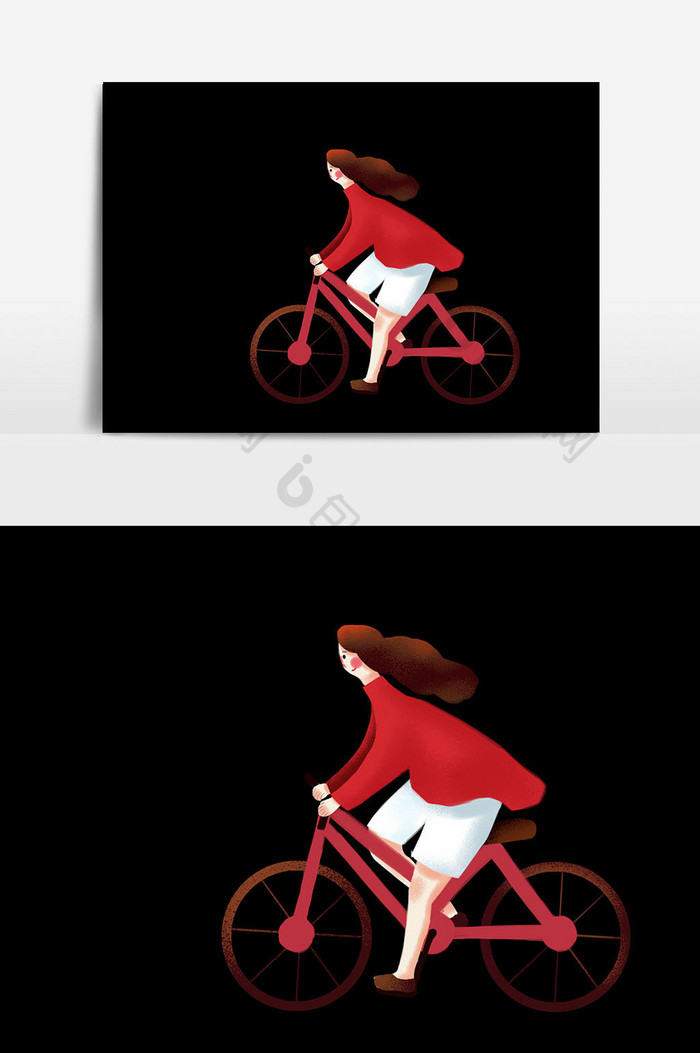 自行车红衣女孩插画元素