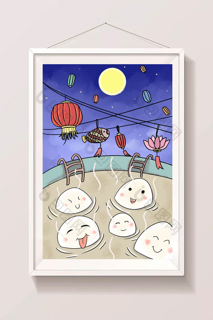 中秋节传统节日可爱丸子赏月插画
