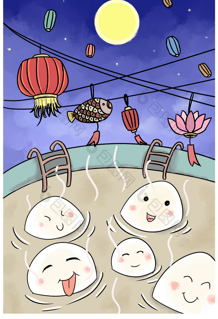 中秋节传统节日可爱丸子赏月插画