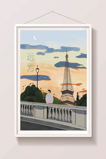 远方金色夕阳主题巴黎铁塔插画图片