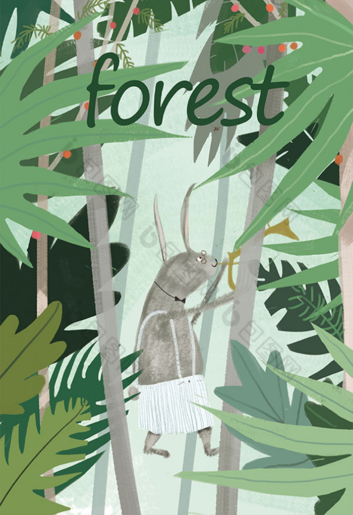 绿色森林灰色兔子吹喇叭插画