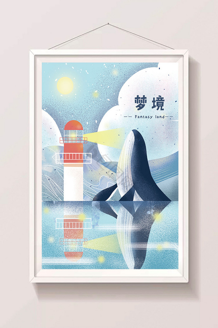 鲸鱼海边灯塔插画图片