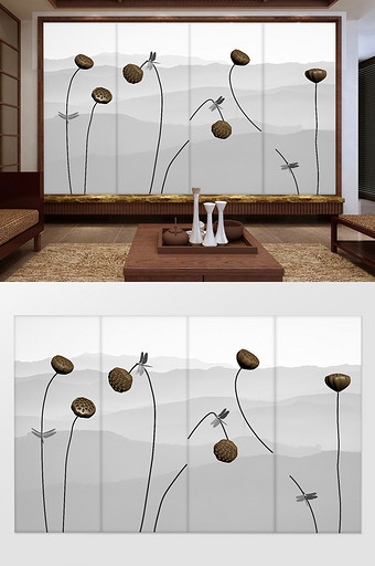 新中式水墨风浮雕莲蓬背景墙图片