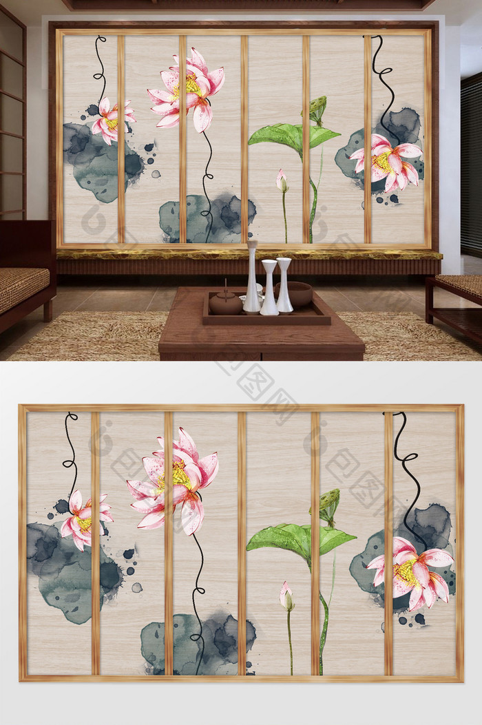 新中式荷花水墨木框背景墙装饰定制