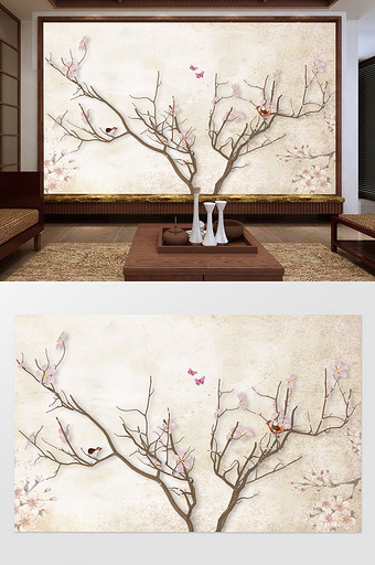浮雕新中式树枝梅花蝴蝶3d立体背景墙壁画图片