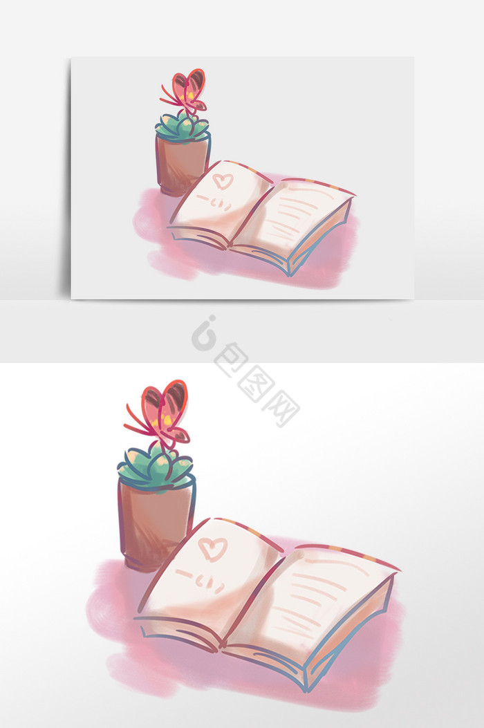 花盆和翻开的书本插画图片