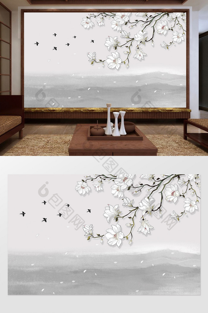 新中式玉兰花小鸟水墨背景墙装饰定制