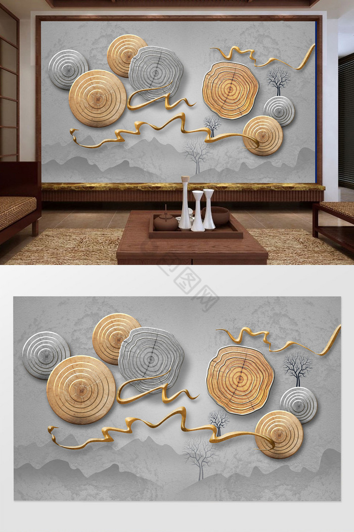 新中式意境木头年轮实物立体创意简约背景墙图片