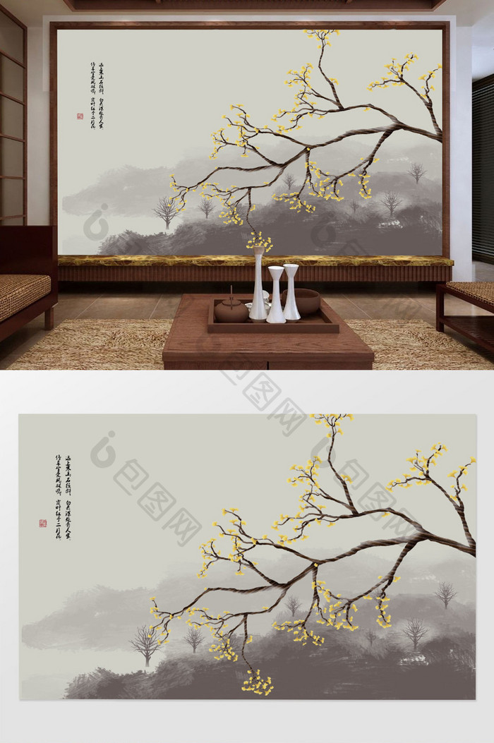 新中式山水手绘银杏叶花鸟装饰画背景墙