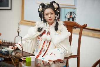 身穿汉服展示<strong>茶</strong>道文化的亚洲少女