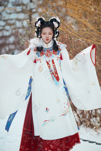 大雪后户外身穿明朝汉服的亚洲少女