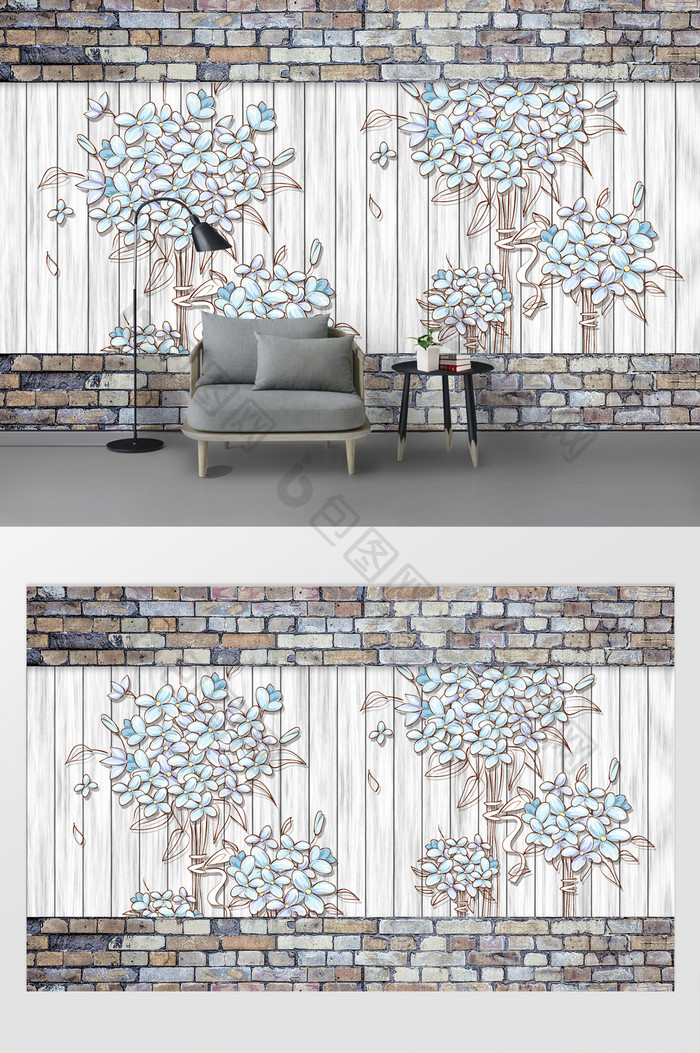 墙砖复古枝干花卉家装定制背景墙