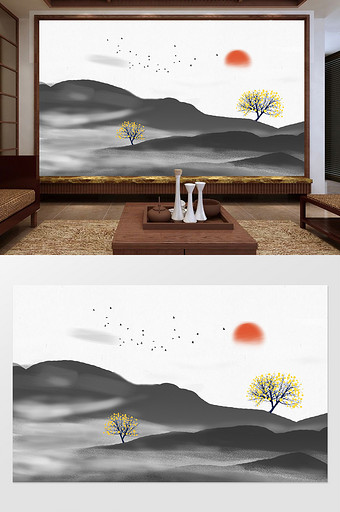 中式水墨山水飞鸟夕阳背景墙定制图片