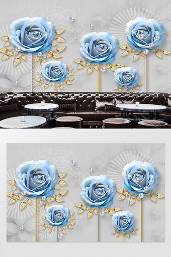 现代简约小清新蓝色玫瑰花珠宝唯美背景墙图片