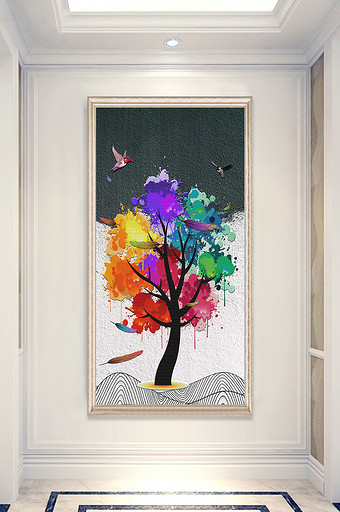 现代彩色抽象树玄关背景墙图片