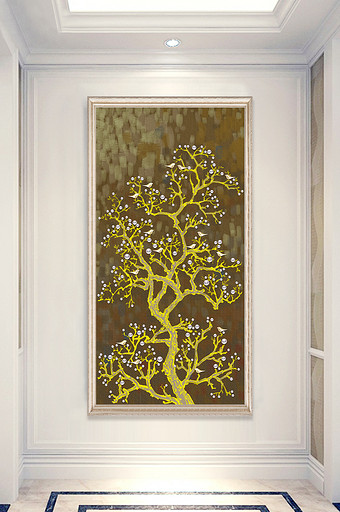 金色发财树油画玄关装饰画图片