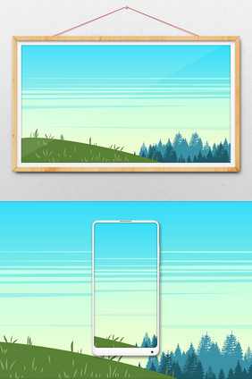 手绘卡通矢量草地树林风景
