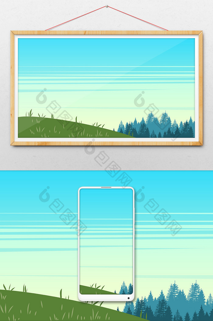 手绘卡通矢量草地树林风景
