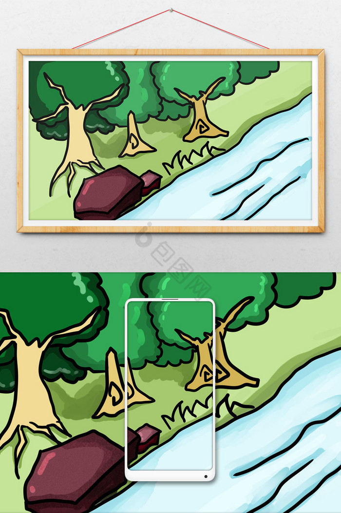 河流树木插画图片