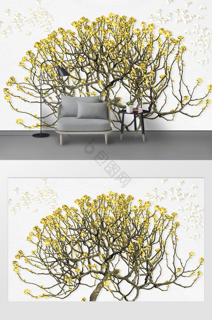 简约树枝黄色花朵3d立体浮雕电视背景墙图片