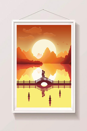 橙色浪漫夕阳下的西湖恋人插画图片