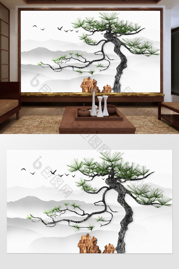 新中式假山松树浮雕立体背景墙
