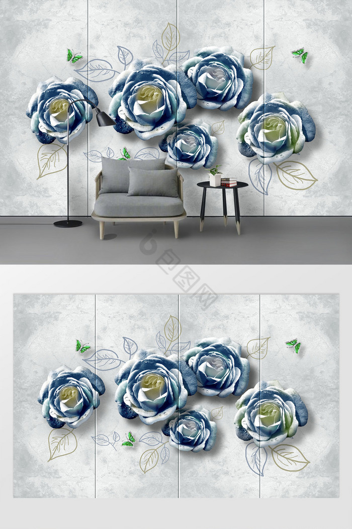 现代简约蓝色玫瑰花手绘叶子立体蝴蝶背景墙图片