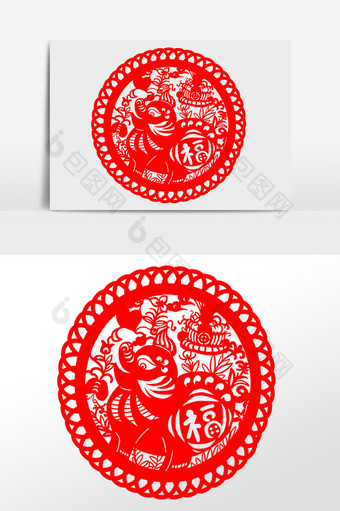 中国风生肖猪艺术剪纸插画元素图片
