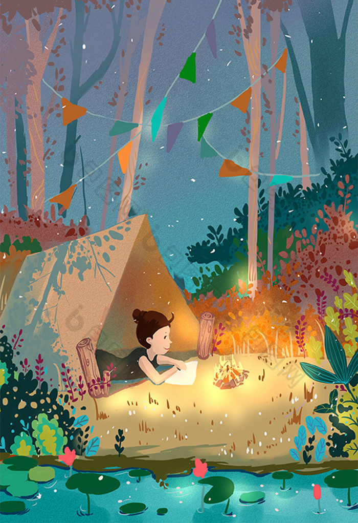 野外露营帐篷小女孩画画星光点点插画