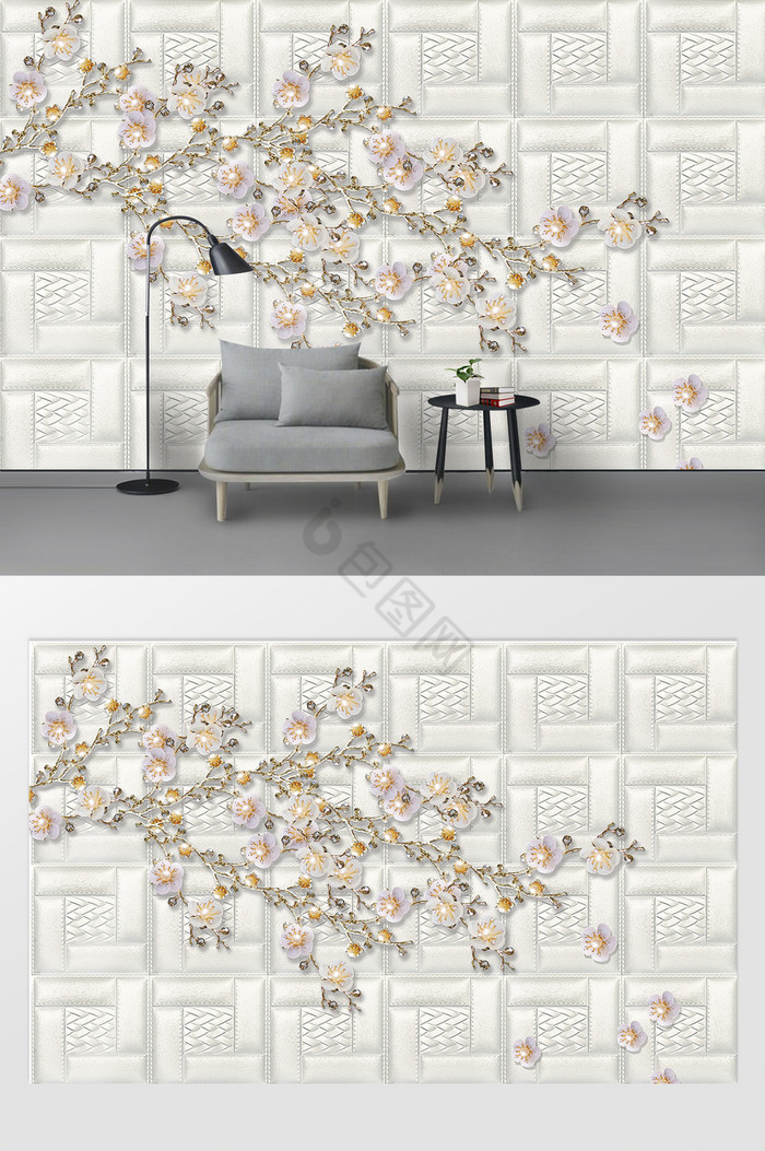 现代简约浮雕花枝花瓣背景墙图片