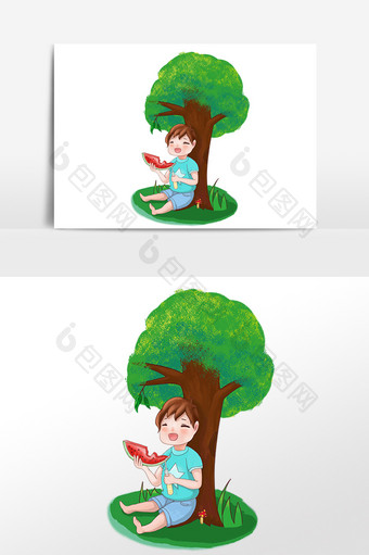 夏日大树下乘凉吃西瓜儿童插画图片