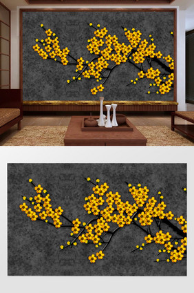 新中式手绘唯美梅花电视背景墙