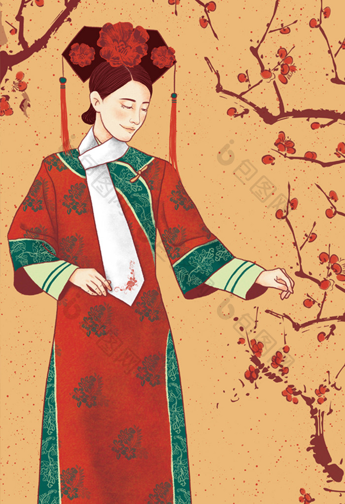 红色中国风传统文化清朝服饰插画