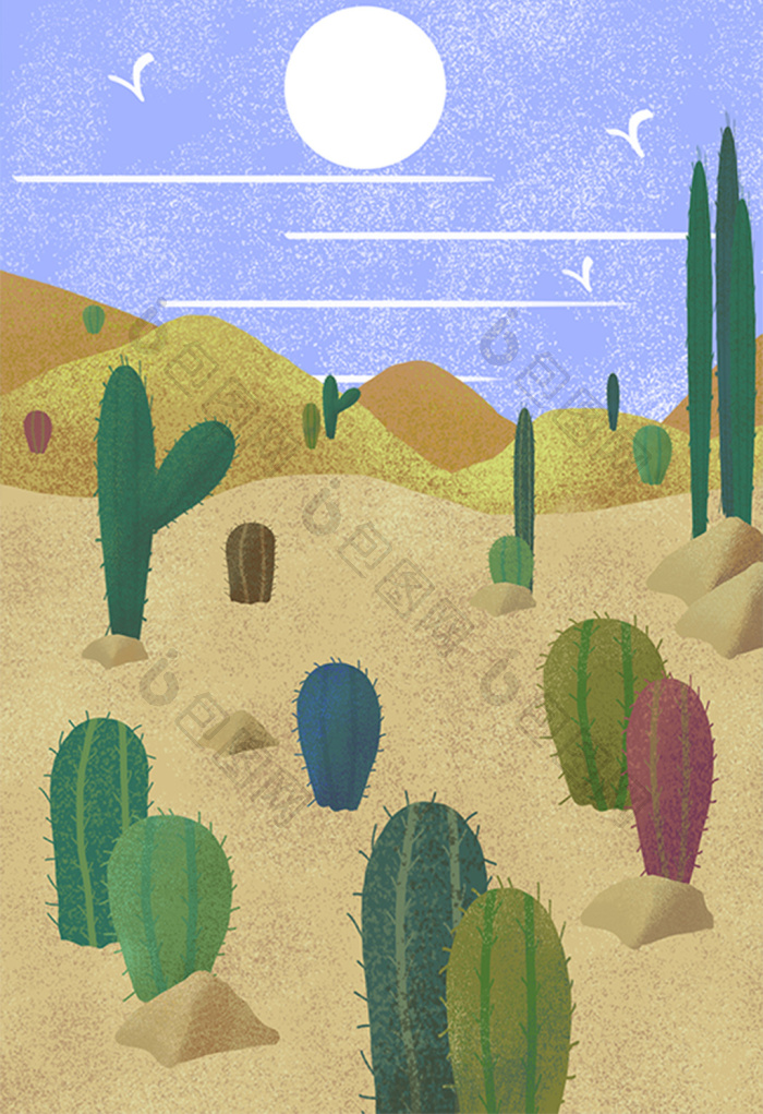 沙漠仙人球植物风景插画图片