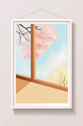 粉色窗外平台产品展示海报手绘文艺背景插画图片