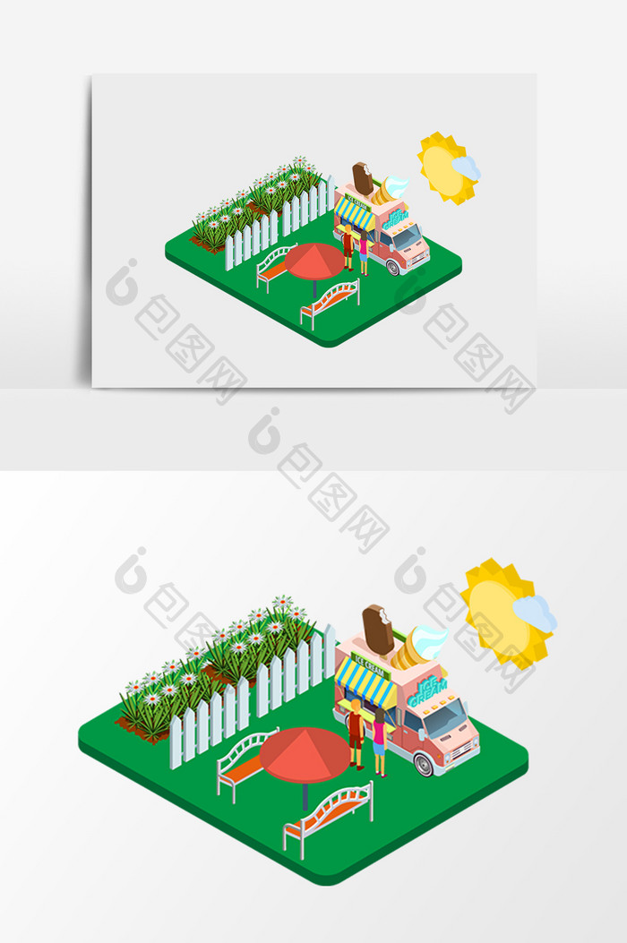 情侣约会公园房车小吃车2.5d矢量素材