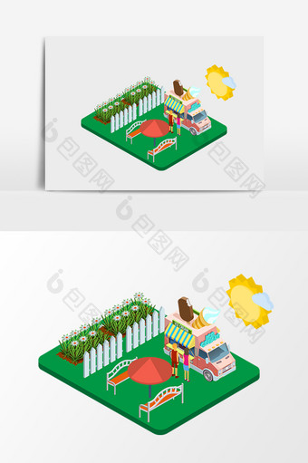 情侣约会公园房车小吃车2.5d矢量素材图片