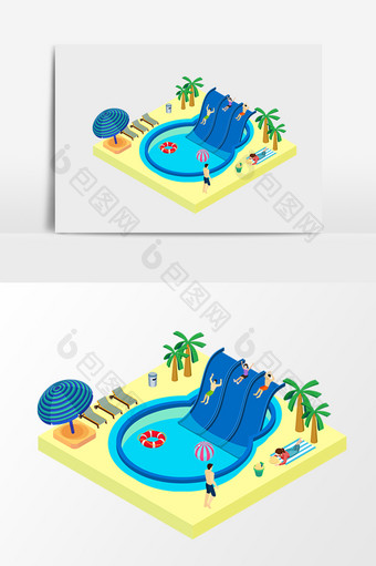 水上乐园夏日玩水滑梯游泳2.5d矢量素材图片