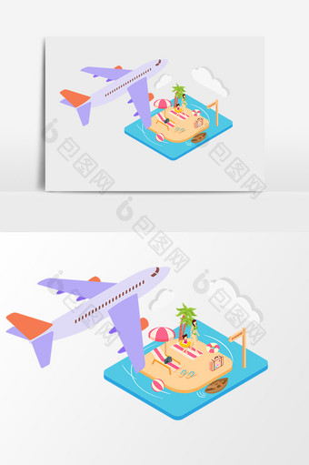 小岛旅游度假飞机2.5d矢量素材图片