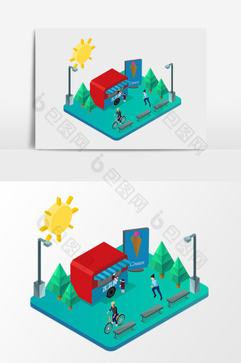 公园跑道路边健身小吃摊2.5d矢量素材图片