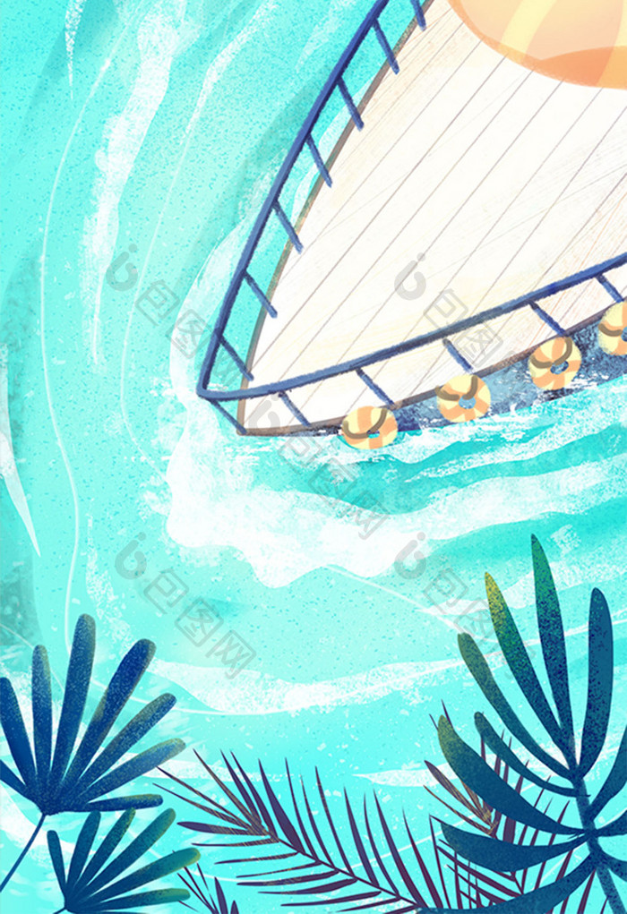 蓝色卡通漫画海上船只插画背景