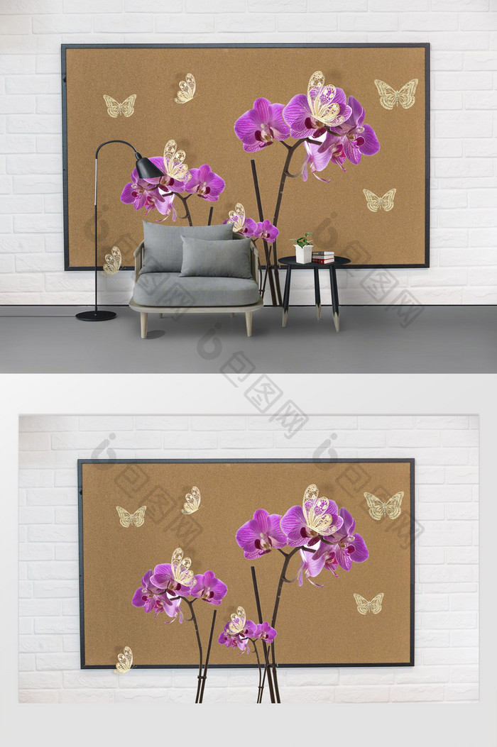 金色蝴蝶紫色花卉定制背景墙