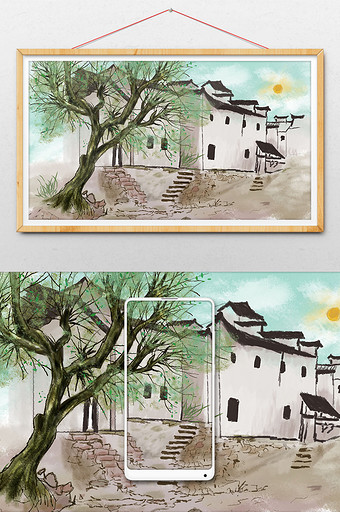 中国风房屋插画背景图片