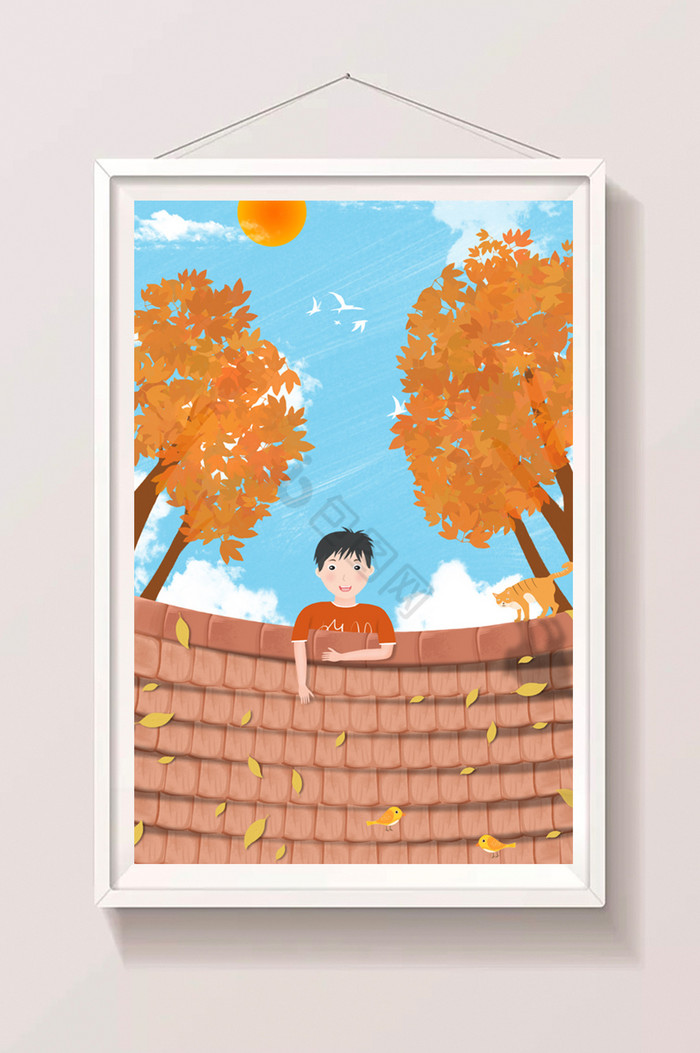秋季男孩屋顶玩耍插画图片