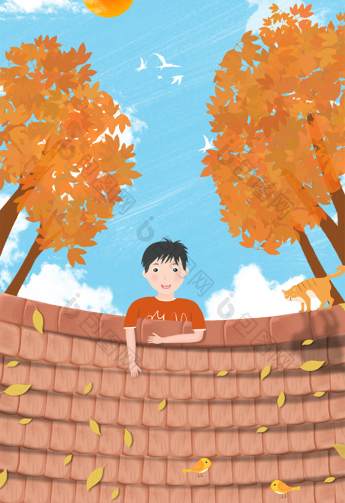 秋季男孩屋顶玩耍插画图片-包图网